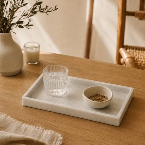 Bandeja Decorativa Símil Mármol Blanca 12 x 28 cm