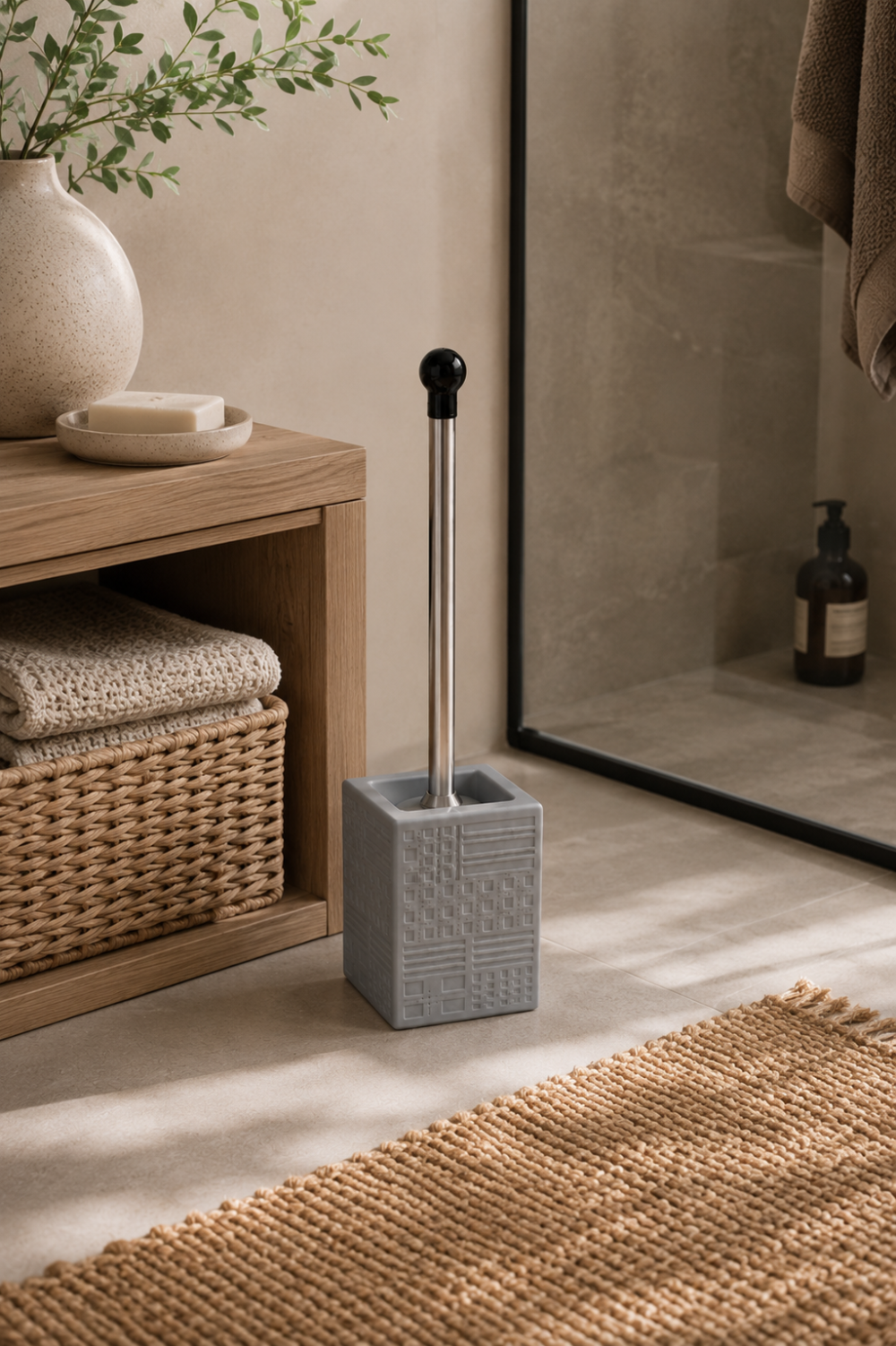 Cepillo para Baño Rayitas Gris Cerámica & Acero 41x10 cm