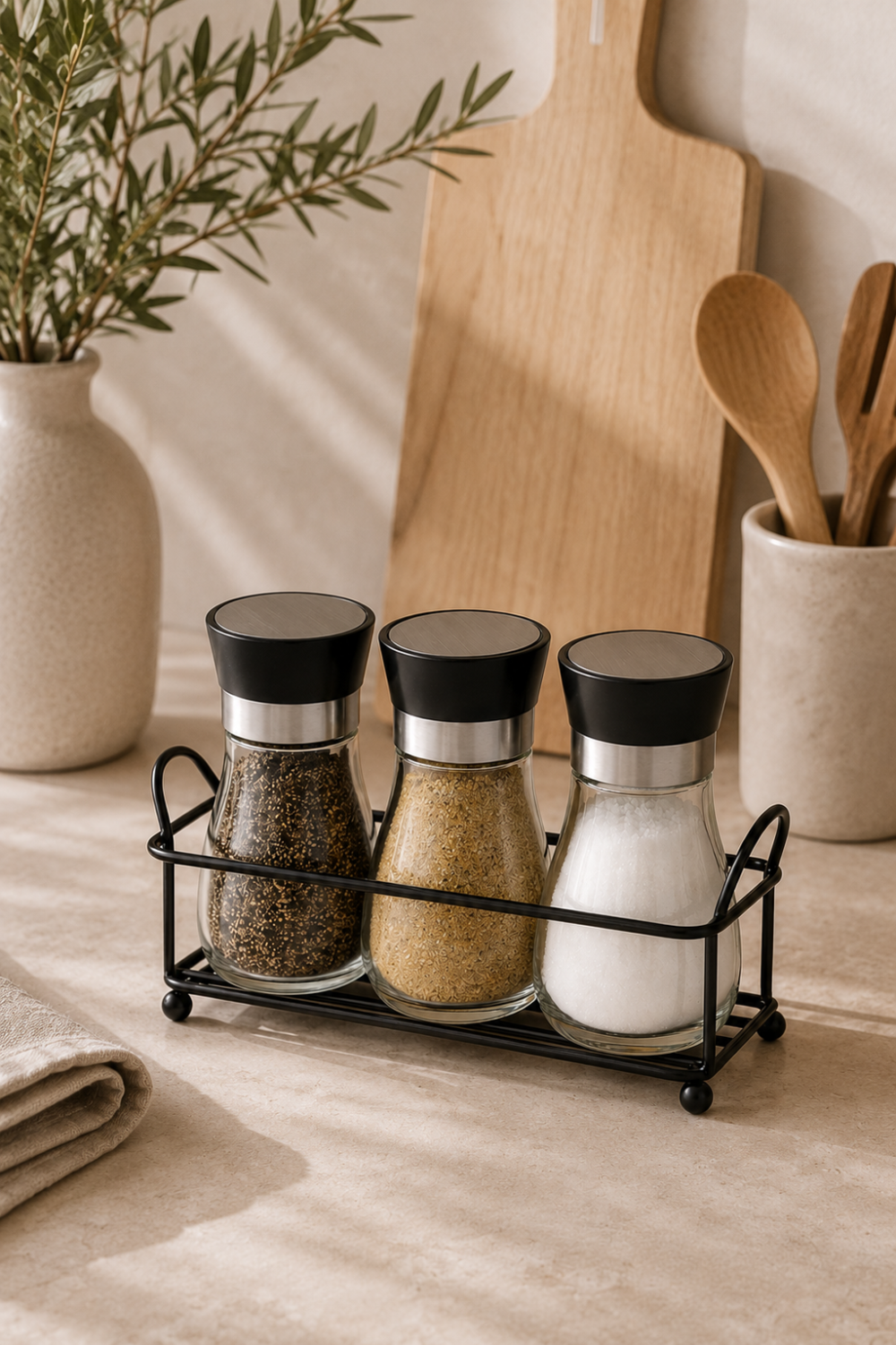Set x3 Condimenteros Negros con Contenedor Metálico