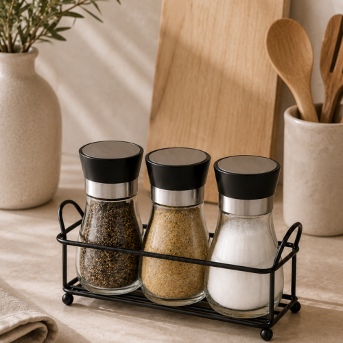 Set x3 Condimenteros Negros con Contenedor Metálico