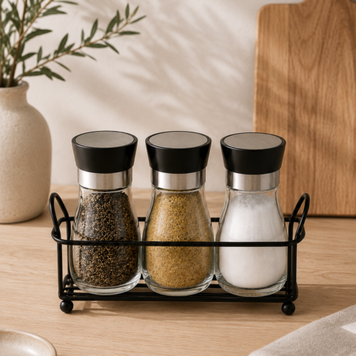 Set x3 Condimenteros Negros con Contenedor Metálico