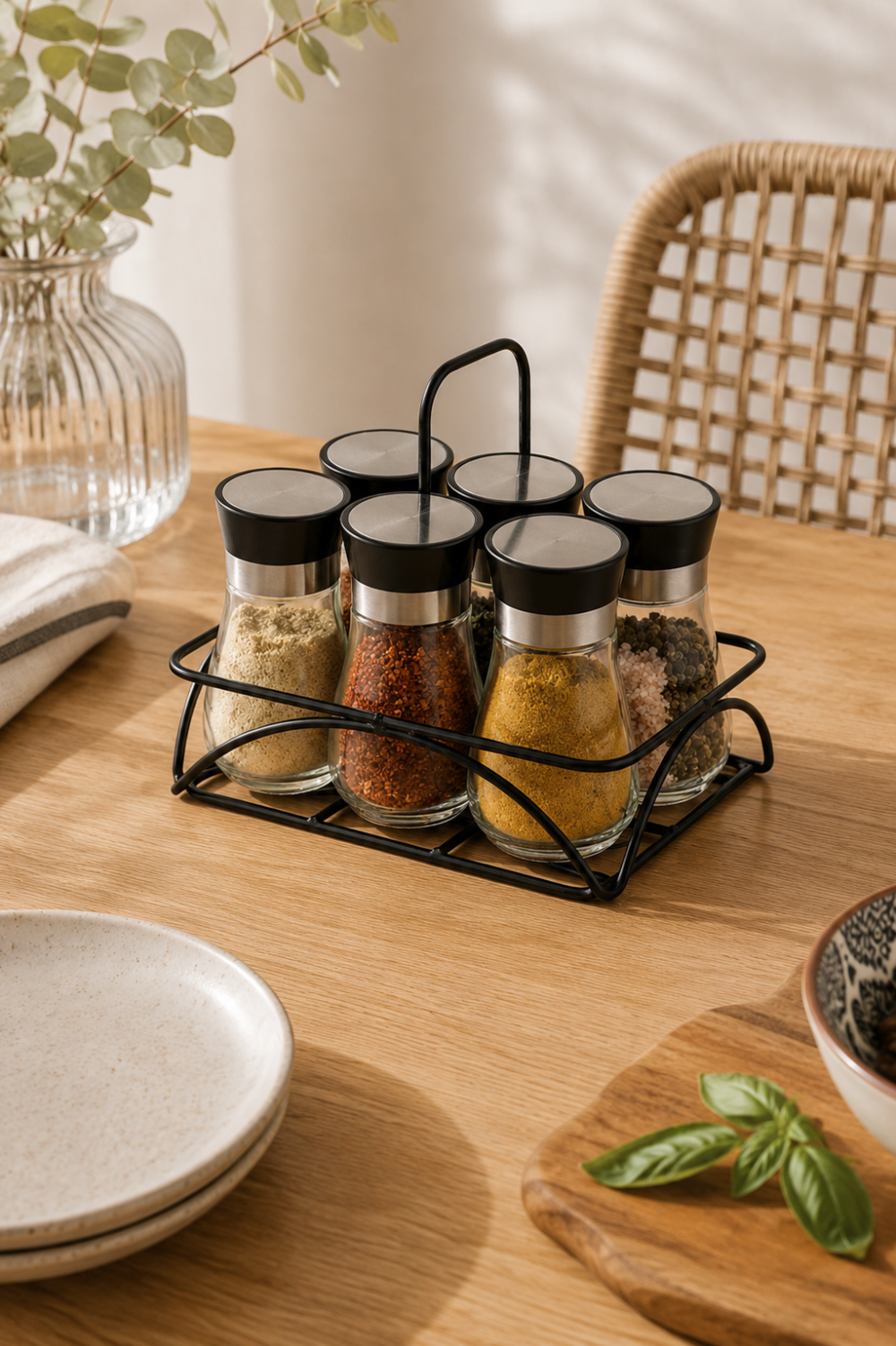 Set x6 Condimenteros Negros con Contenedor Metálico