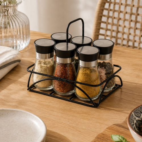 Set x6 Condimenteros Negros con Contenedor Metálico