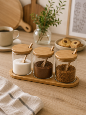 Set x3 Frascos de Vidrio con Cuchara y Base